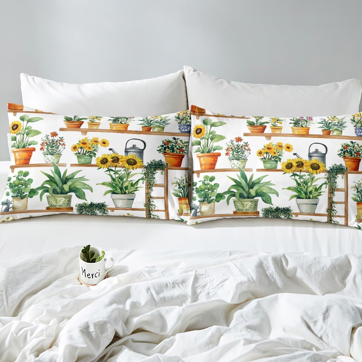 Erosebridal Funny Botanical Fitted Sheet Full Size,Green Potted Plant Bed Sheets,Spring Garden Floral Bedding Set,Retro Aesthetics Sheets Soft Breathable Bedroom Decor