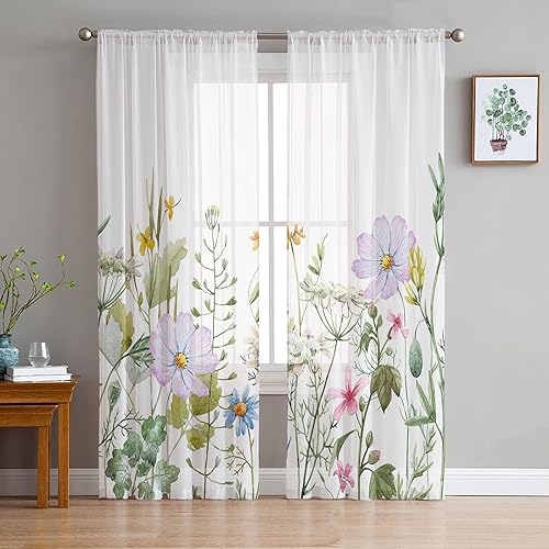 Cortinas semitraslúcidas florales de primavera de 84 pulgadas de largo, cortinas coloridas florales de verano con filtro de luz, cortinas con