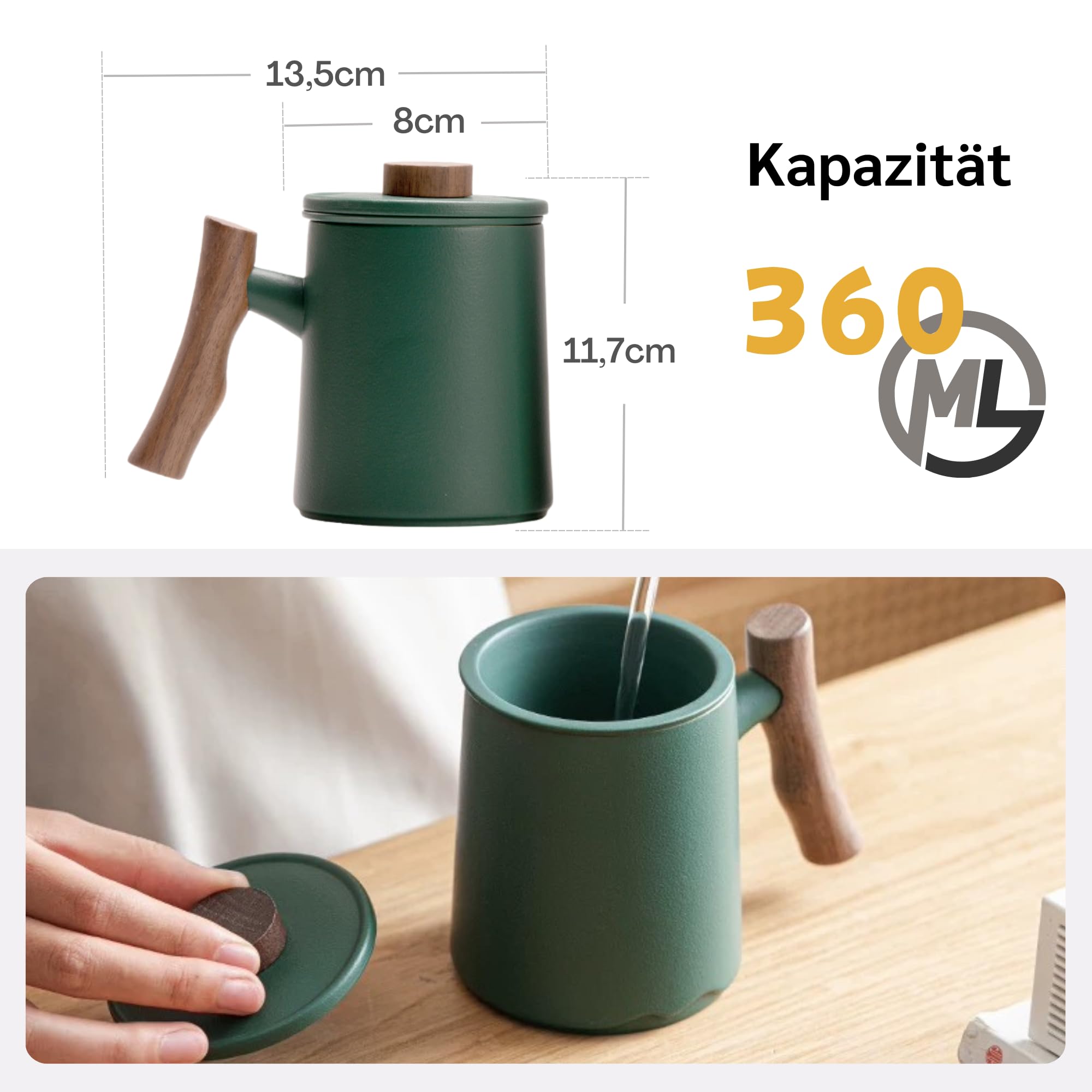 JanYoo Teetasse mit Deckel und Sieb,360ml Palisandergriff Keramik Losen Teebecher,Matte Steinzeug Glasierte Teetassen für Einweichen Tee Grün