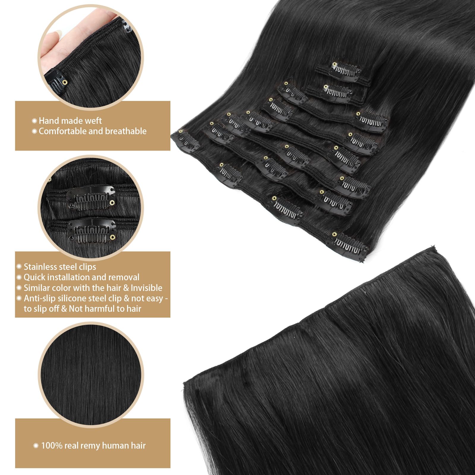 ABH AMAZINGBEAUTY HAIR Clip in Extensions aus Echtem Menschenhaar Gerade Tiefschwarz Clip in Extensions Echthaar Dick Clip in Extensions Gefärbt Remy Echthaar #1 8 Stück 120g 55cm | Doppelt genäht, Tiefschwarz, Remy-Echthaar, seidig glatt, nahtlose Mischu