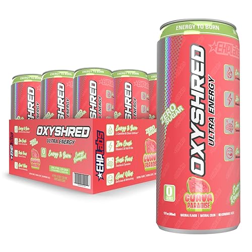 EHPlabs OxyShred Ultra Energy Drink - Bebida energética saludable carbonatada de rendimiento con vitaminas B y aminoácidos, cero azúcar, cero