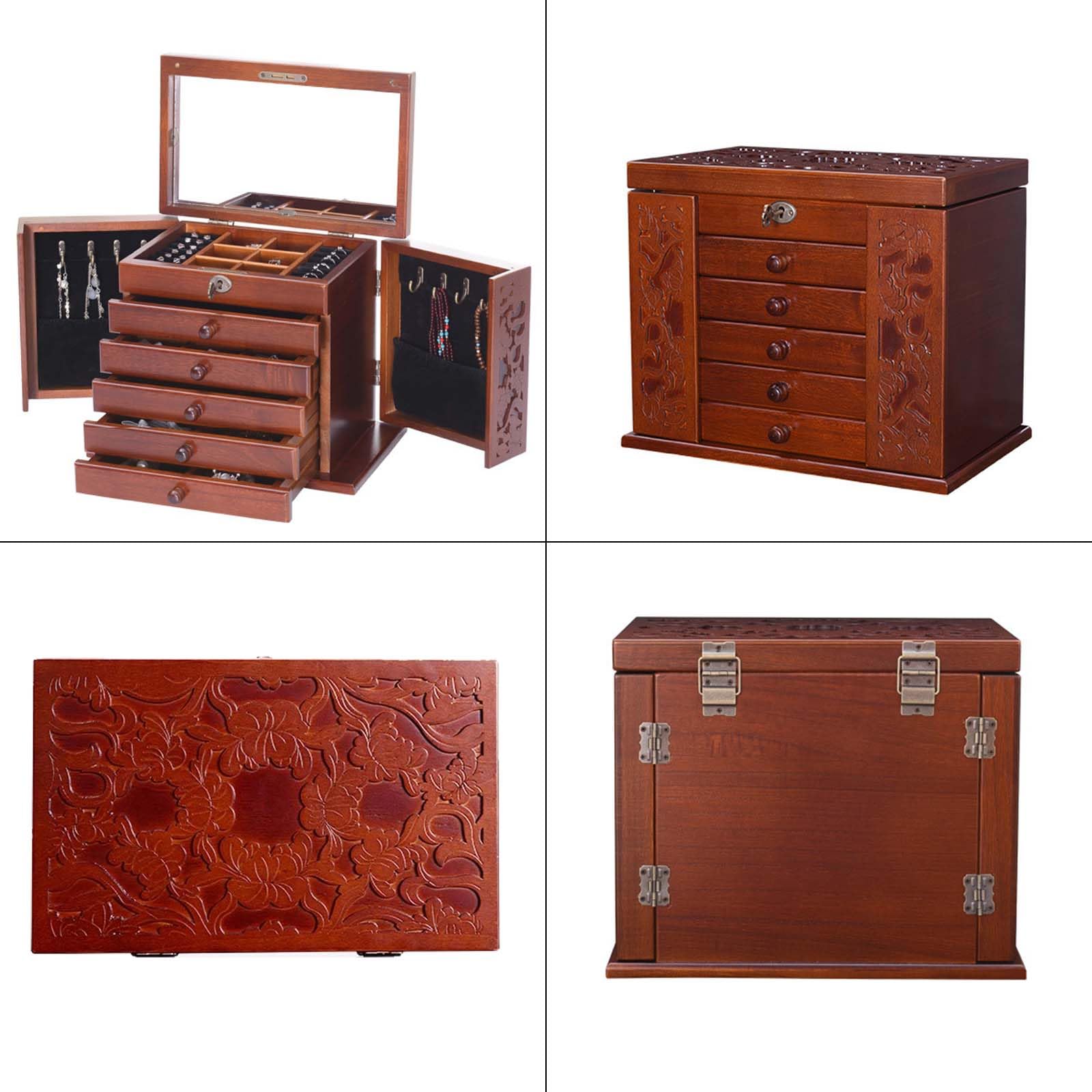 Joyero de Madera para Mujer, 6 Niveles, Joyeros Organizador Grande con 5 Cajones, Espejo & Cerradura, Caja Joyero para Joyas, Jollares, Anillos, Alhajero, Relojes de Estilo Vintage (Walnut)