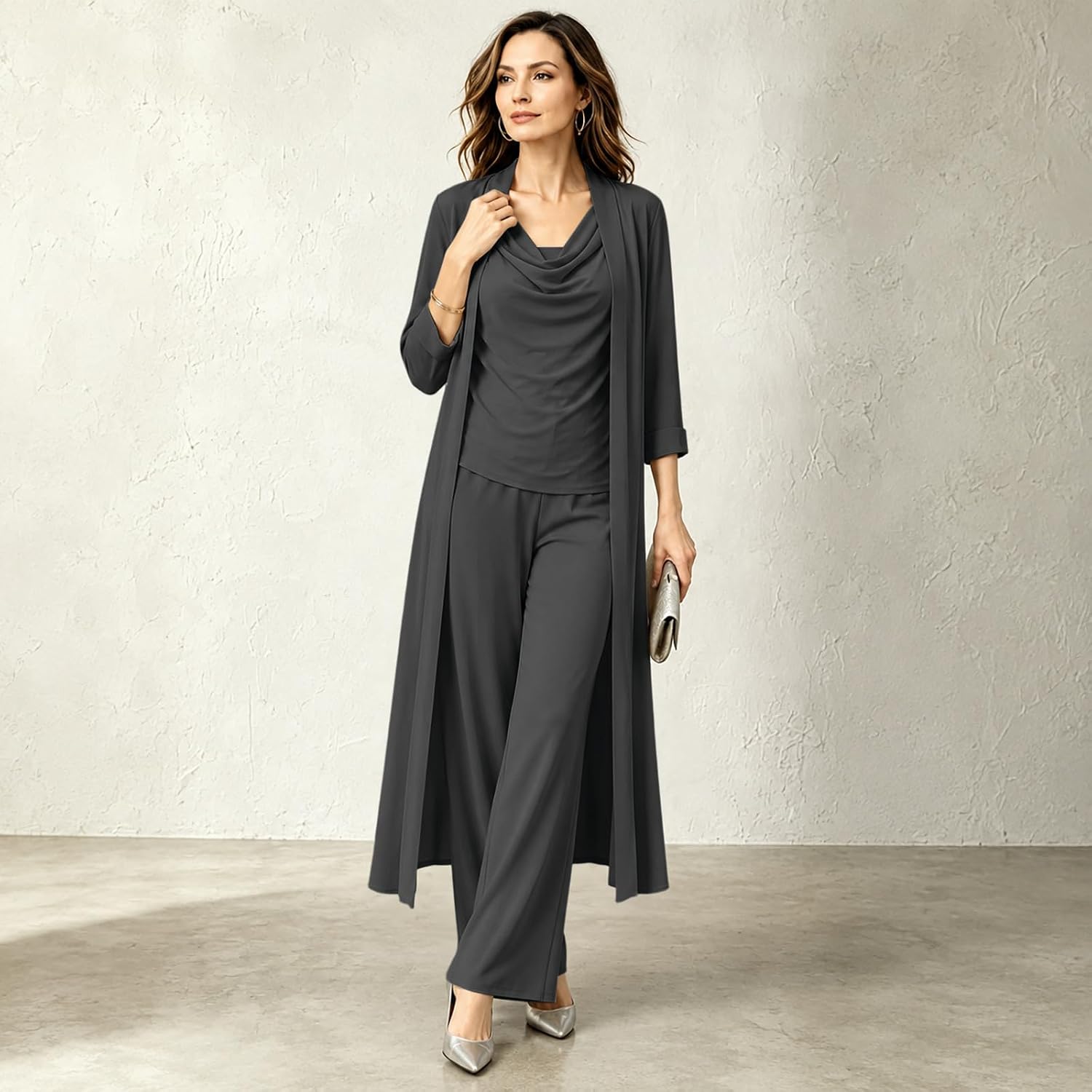 3 Piece Outfits For Women Long Cardigan & Cowl Neck Tops & Flowy Wide Leg Pants Sets Business Casual Fall Clothing image 3