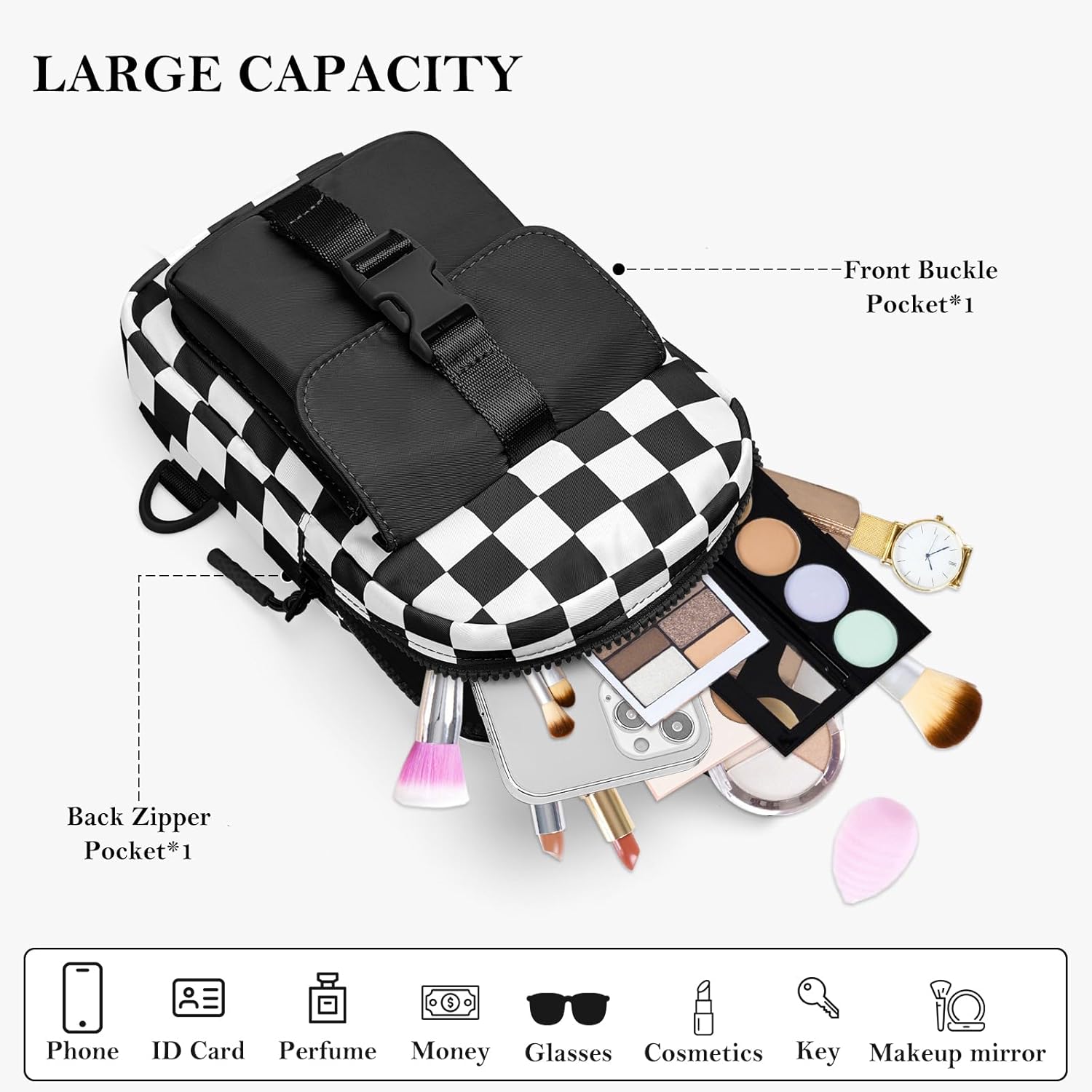 BIAOTIE Small Sling Bag for Women Nylon Cross body Bags Sling Backpack Purse for Travel (Black Checkered) - Image 2