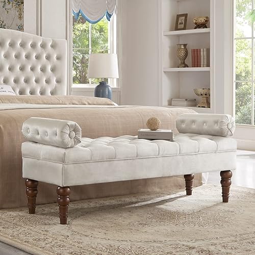 Miniatura 1 de 24KF Banco largo de terciopelo para dormitorio, banco de ventana tapizado con botón copetudo, banco de entrada, banco de apoyo para sala de estar,