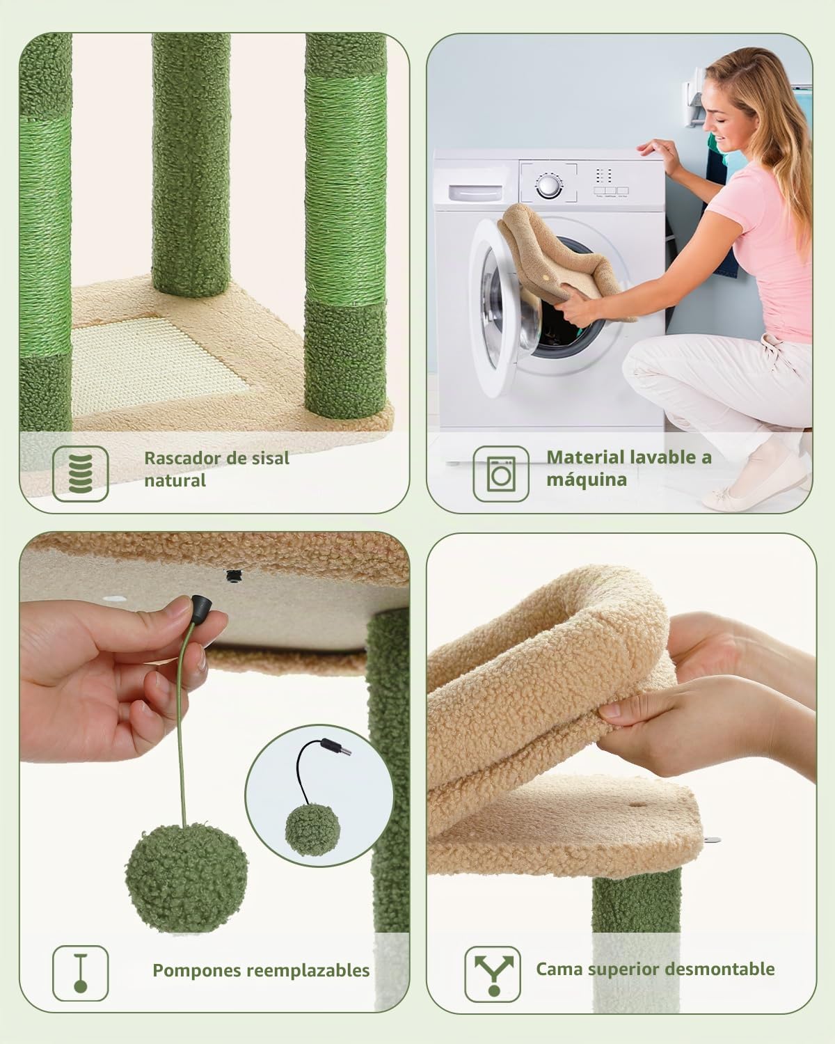 PETEPELA Árbol de Cactus para Gatos de 150 cm, Torre de Varios Niveles para Gatos Grandes, Condominio de Interior Con Hamaca Grande y Poste Rascador