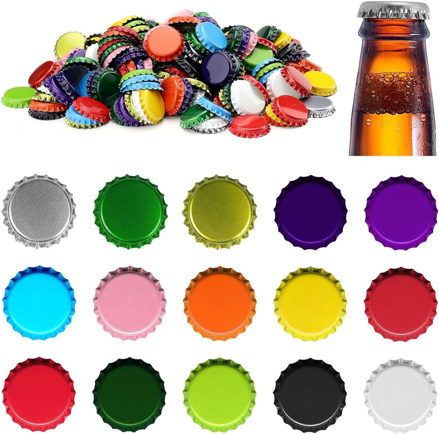 105 Pcs Beer Bottle Caps 26mm Standard Size W/PE Sealing Ggasket Ideal for HomeBrew Fit 8/17.5/26/35oz Beer Bottles,7 Assorted Colors (105Pcs)