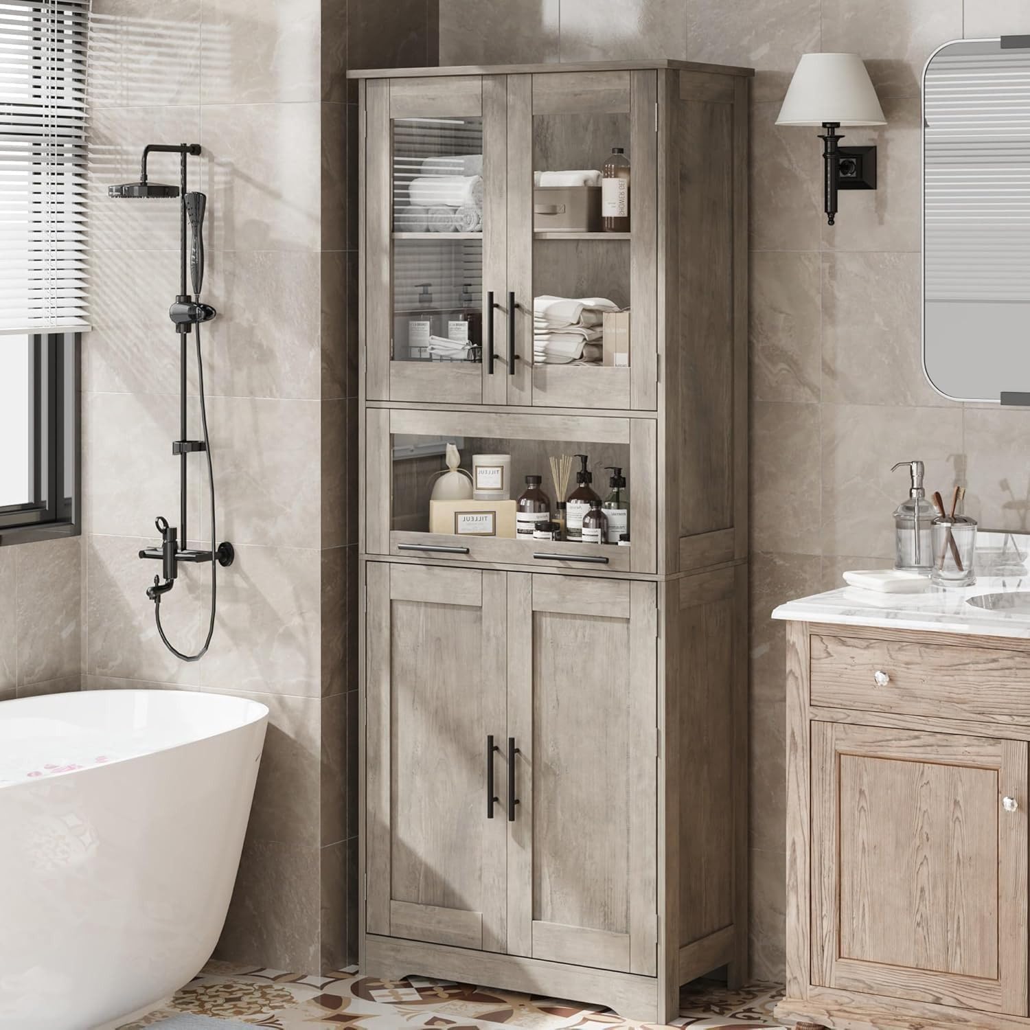 Armario de Baño de Doble Compartimento, Mueble de Baño con Puertas y Estante Ajustable, para Baño, Lavandería y Espacios Pequeños, Gris, 60×30×170 cm