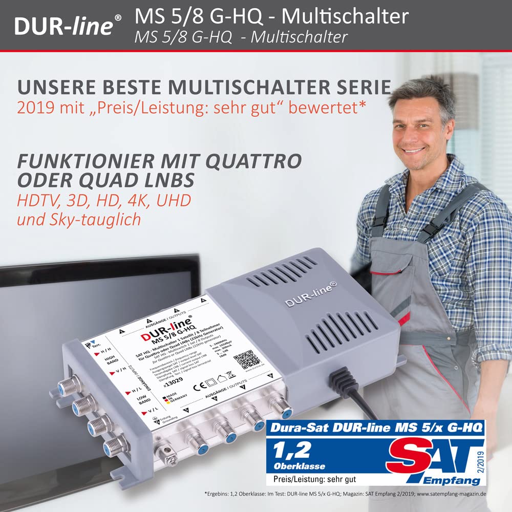 DUR-line MS 5/8 G-HQ Multiswitch Made in Germany Multiswitch Sat para 8 participantes/TV Fuente de alimentación de bajo Consumo Multiswitch, Matrix [Digital, HDTV, FullHD, 4K, 8K, UHD]