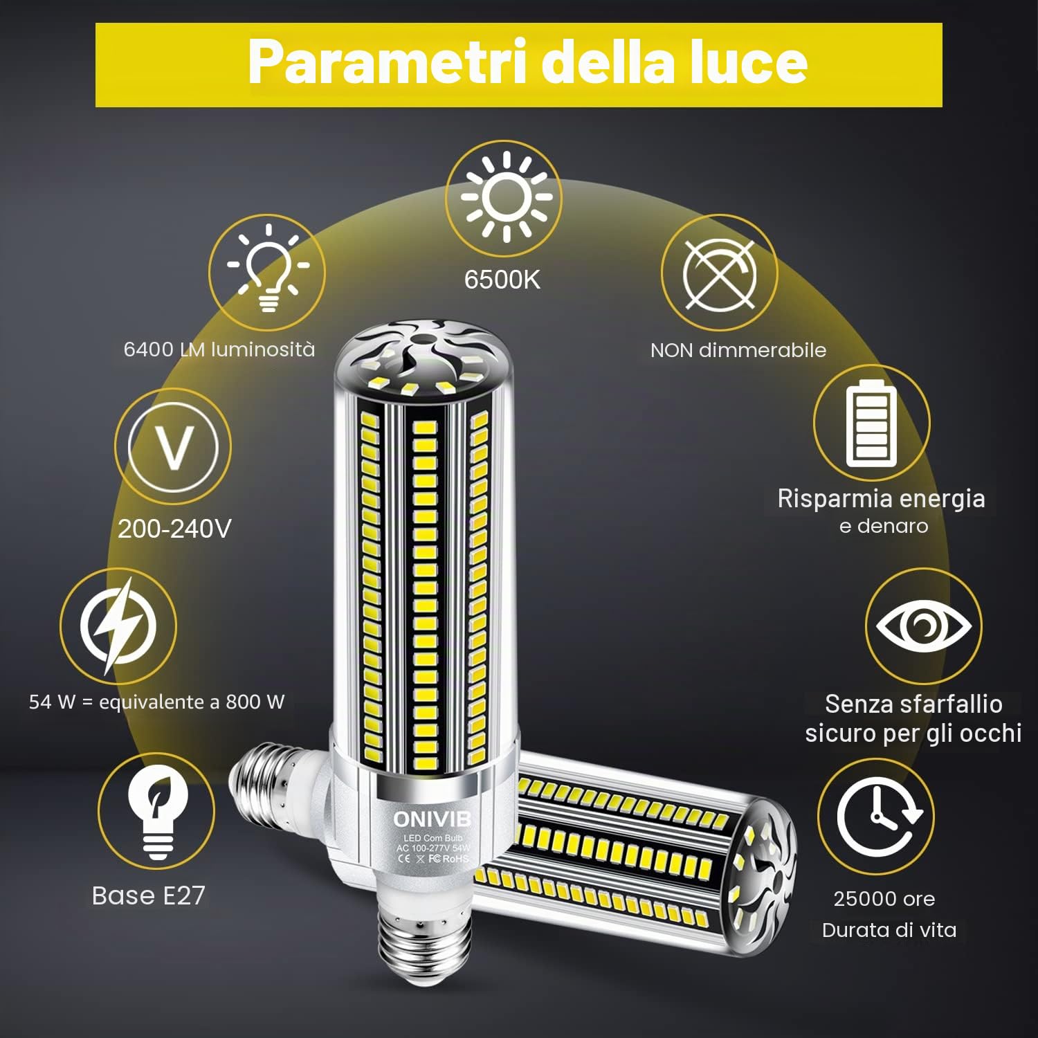 Lampadina 54W Super Bright LED Corn 6400 Lumen (equivalente 800W) 6500K Luce bianca fredda, Base E27 per illuminazione commerciale di grandi superfici, Fabbrica di magazzini per garage