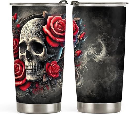 64HYDRO - BGMZ0304033Z - Vaso con tapa con diseño de calavera y rosa de 20 onzas, con tapa. Termo de doble pared con aislamiento al vacío