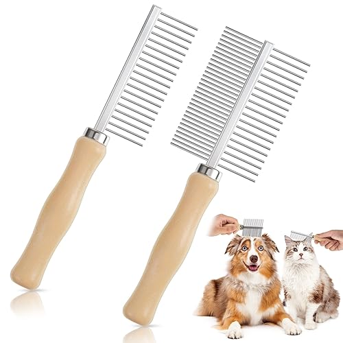 2 peines de metal para perros, mango de madera, peine de acero inoxidable, peine de metal de doble cara para perros, cepillo de aseo para mascotas,