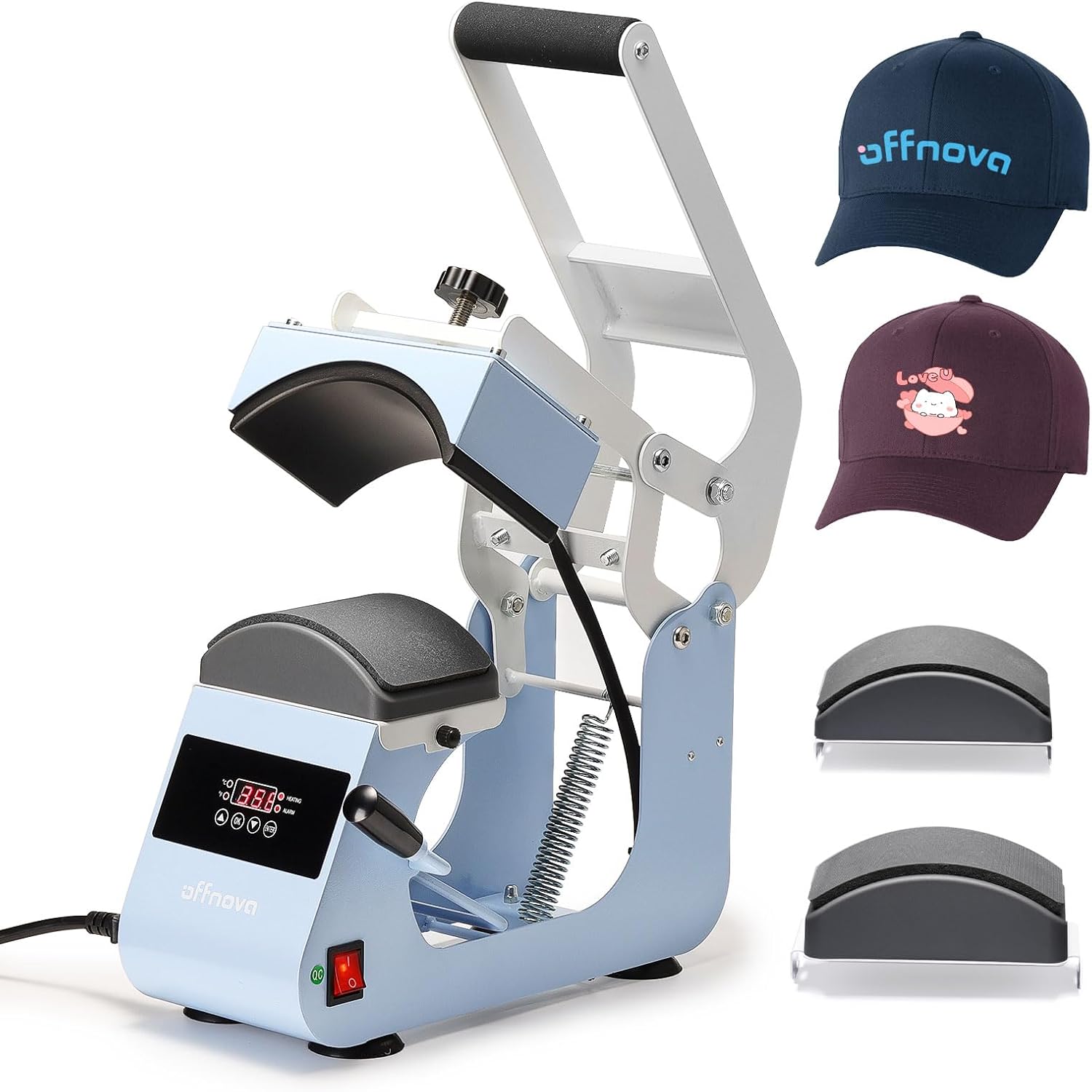 OFFNOVA Hat Heat Press Machine with two hats showing designs