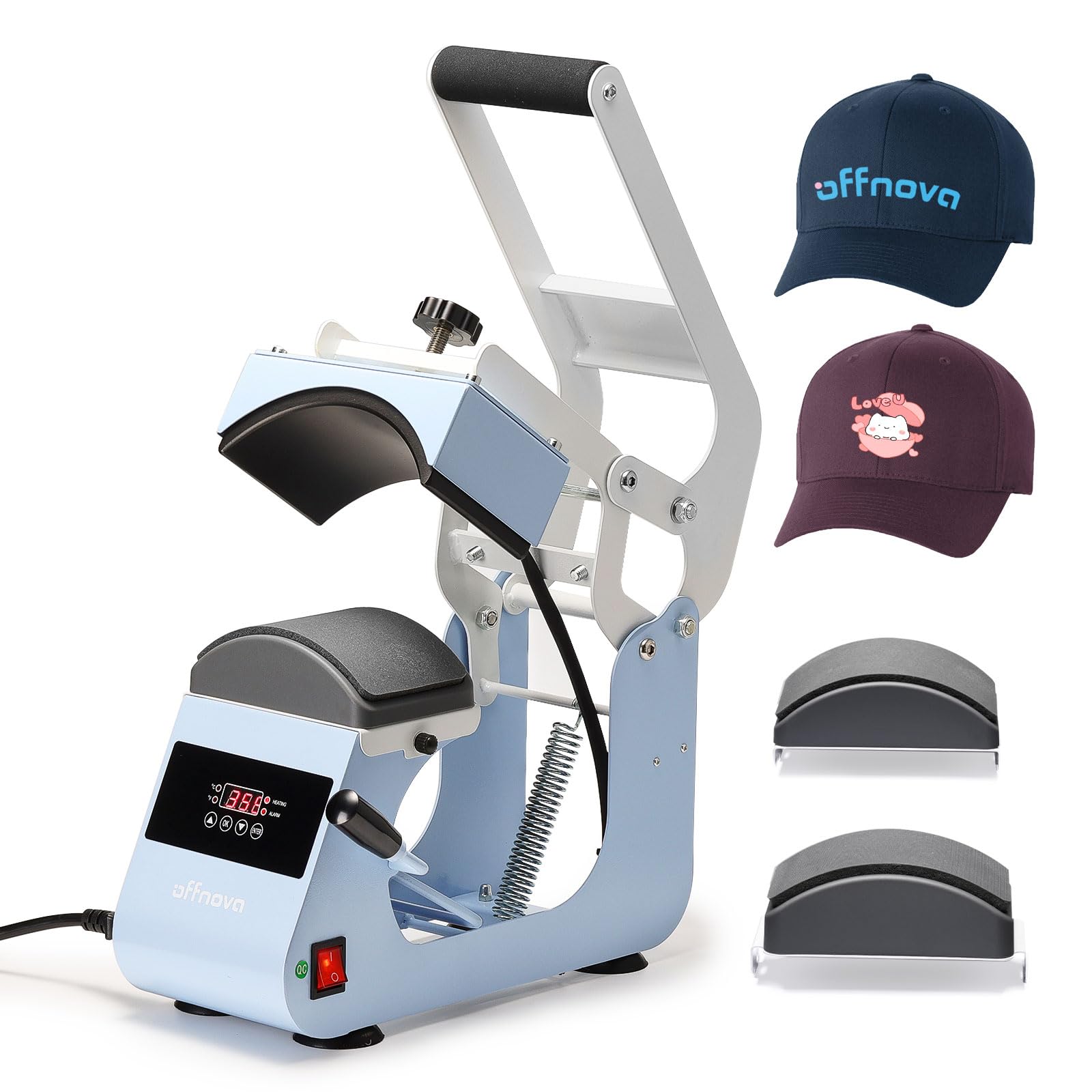 Máquina de prensado térmico para gorras OFFNOVA con 2 platinas intercambiables, control de temperatura y tiempo con cuenta regresiva automática, transferencia de calor eficiente para proyectos de sublimación y planchado HTV, mango azul