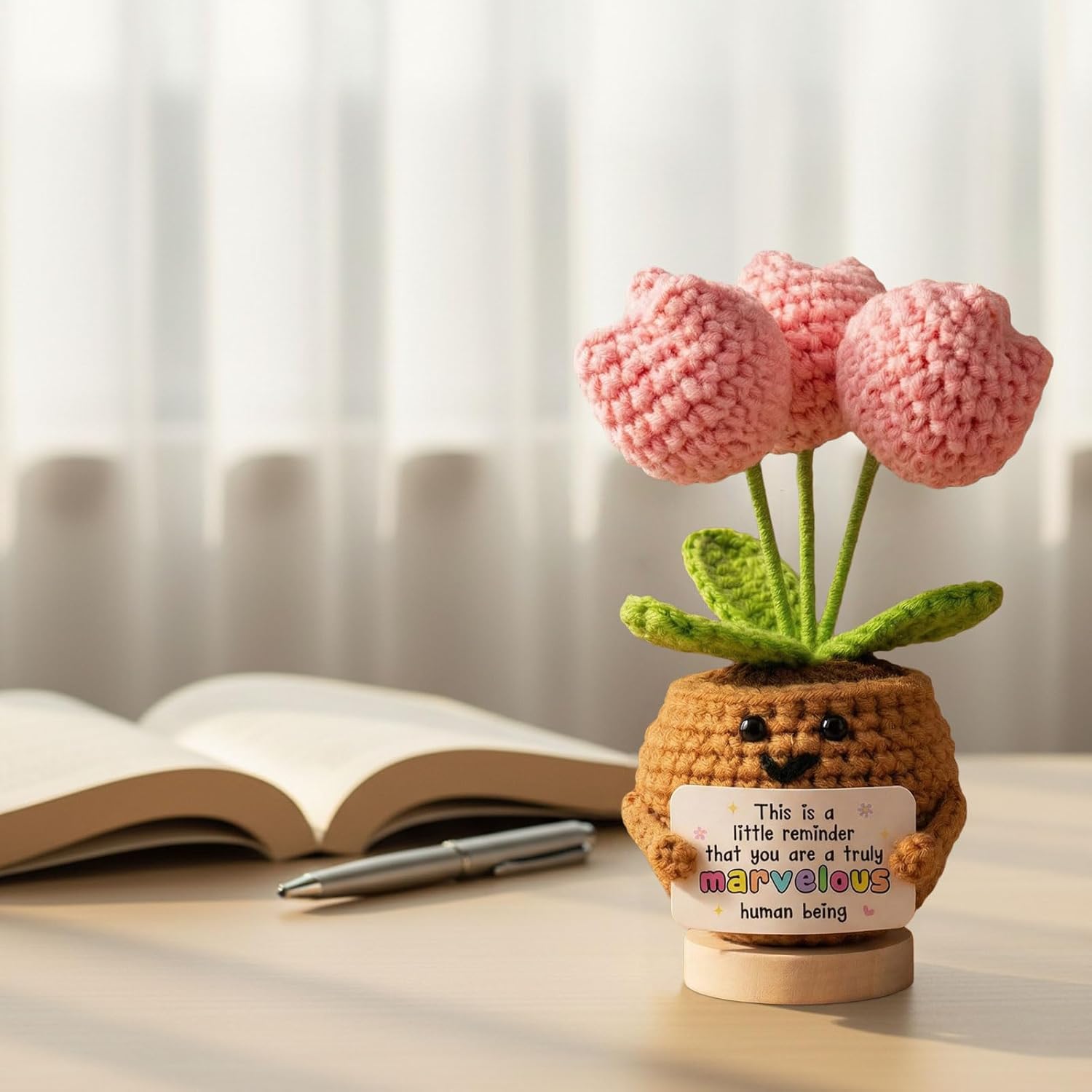 Emotional Support Tulip, Handmade Positive Tulips Flower Crochet with Encouragement Card for Desk Decor Tulip Ornament - Thank You, Appreciation, Positive Gift for Teacher, Mom, Friend - Pink - Image 7