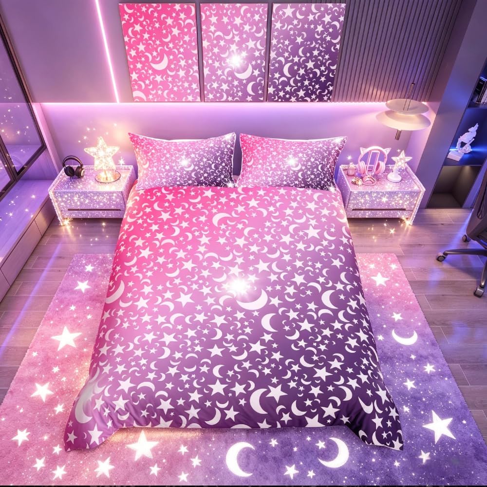 Homemissing Moon Star Rainbow Glitter Duvet Cover Ombre Pink Purple Bedding Set Pastel Comforter Cover for Boys Girls Children Teens Bedroom Decor Stylish Bedspread Cover King Bedclothes Zipper — image 1