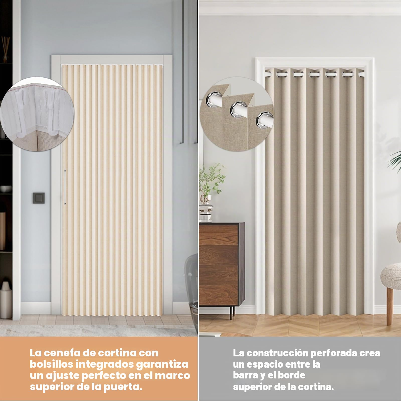 Cortina magnética para puerta, 100 % opaca, puerta de acordeón con cierre magnético, montaje adhesivo sin taladrar, incluye capa adhesiva, aspecto de lino, plegable (beige)