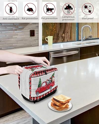 Vista 4 de Cubierta para tostadora de 4 rebanadas de Navidad en la granja, camión rojo leche vaca, tablones de madera retro, cubierta antipolvo con bolsillos