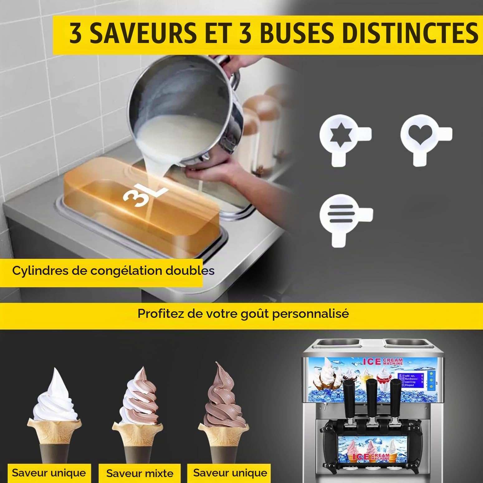 Machine à Crème Glacée Commerciale 18 L/h 1200 W 3 Saveurs, Machine à Glace Italienne Trémie 2x3 L, Crème Glacée Molle Commerciale, pour Yaourt Café Snack-Bar Restaurant Supermarché
