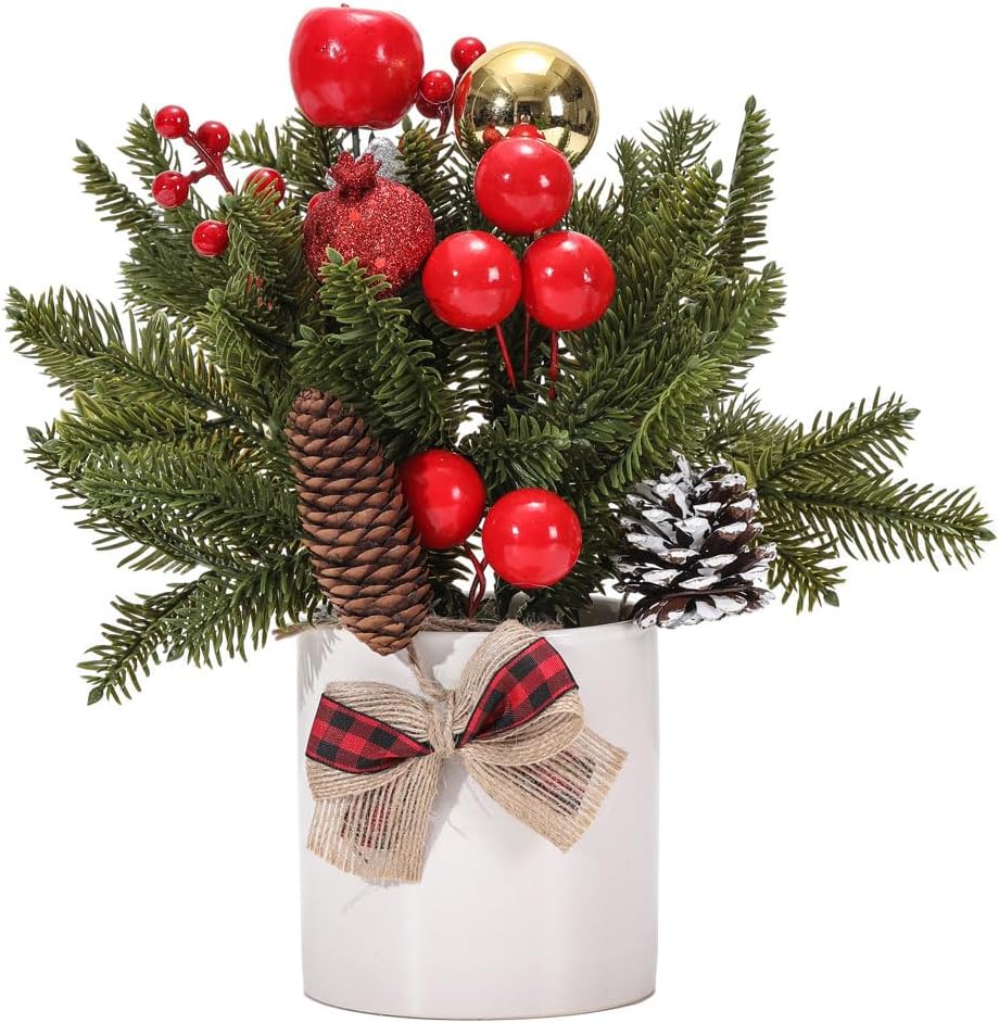 12 inch Tabletop Mini Christmas Tree Artificial Potted Christmas Tree with Apples Pine Cones Gold Xmas Ball Berries Ribbon in White Ceramic Pot for Home Indoor Decor