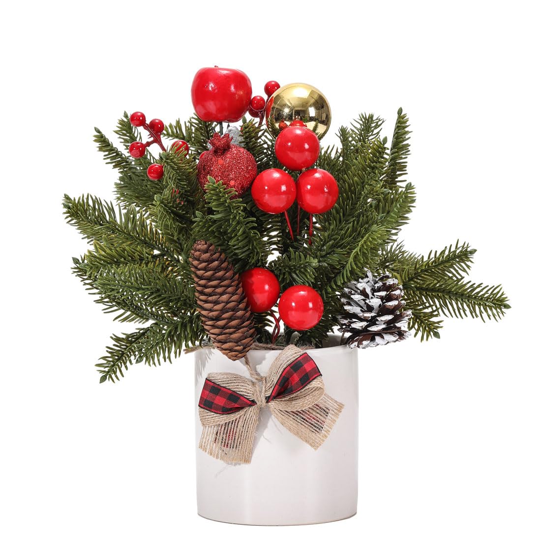 12 inch Tabletop Mini Christmas Tree Artificial Potted Christmas Tree with Apples Pine Cones Gold Xmas Ball Berries Ribbon in White Ceramic Pot for Home Indoor Decor