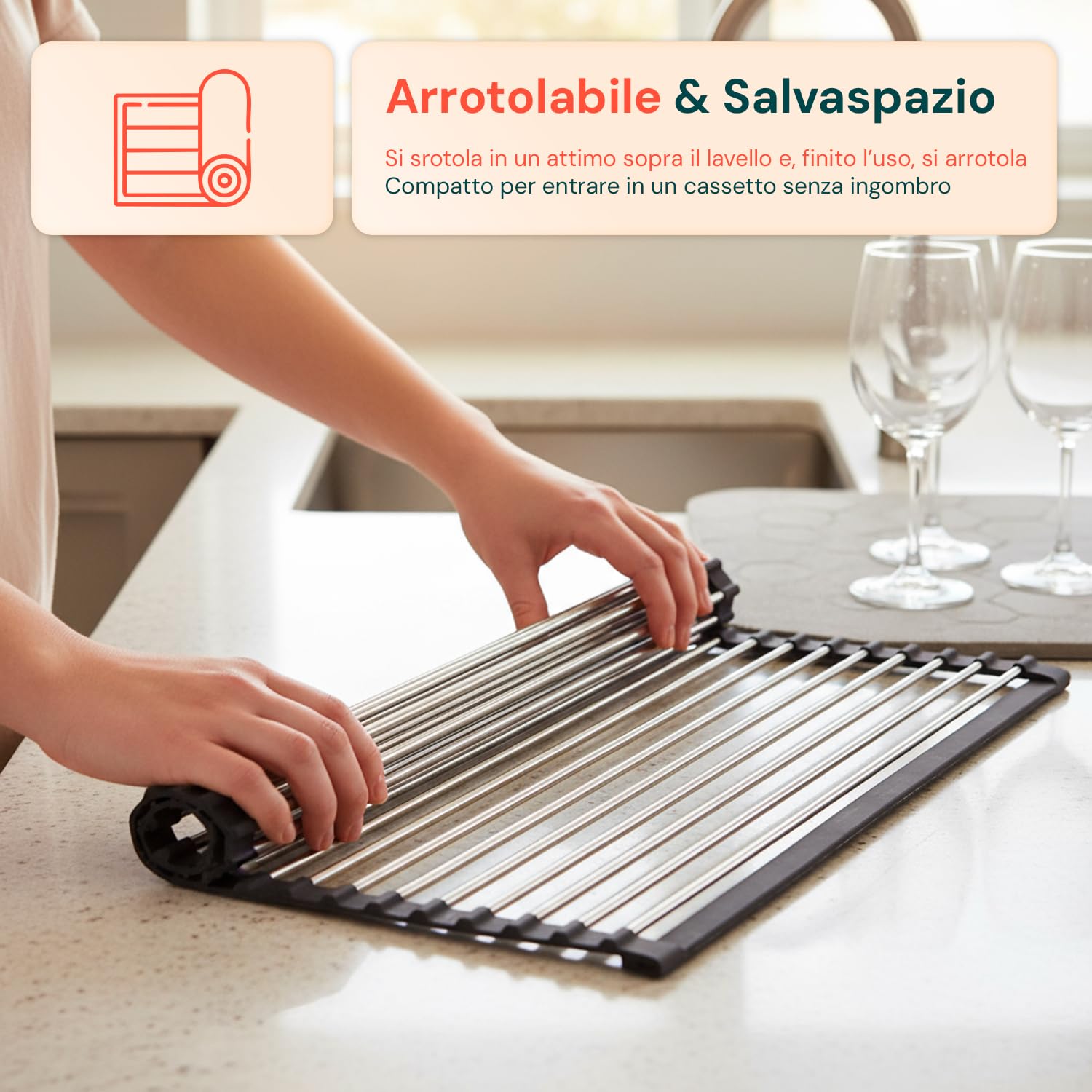 Avilia - Scolapiatti da Lavello Arrotolabile in Acciaio Inox 43x35 cm Resistente al Calore, Facile da Pulire, Ideale come Griglia Scolapiatti e Piano d’Appoggio Salvaspazio