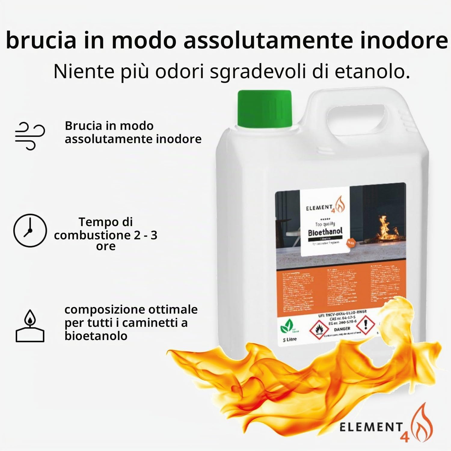 Element4 Bioetanolo 10 Litri Inodore – Bioetanolo Premium, 96,6% - adatto per tutti i caminetti a etanolo