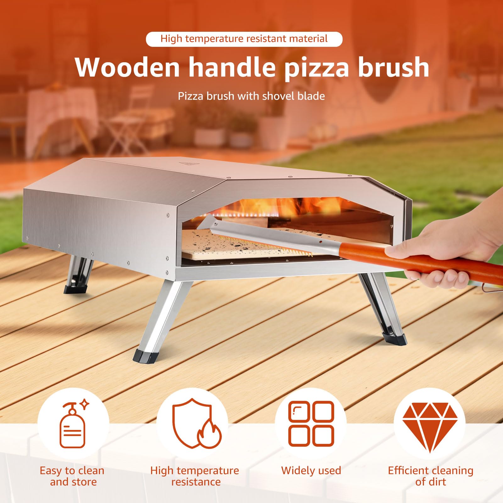 Spazzola lunga per forno per pizza, 53 cm, con raschietto in acciaio inox e setole in ottone, spazzola ignifuga, spazzola per la pulizia della pietra per pizza, spazzola in ottone per forno e pizza a