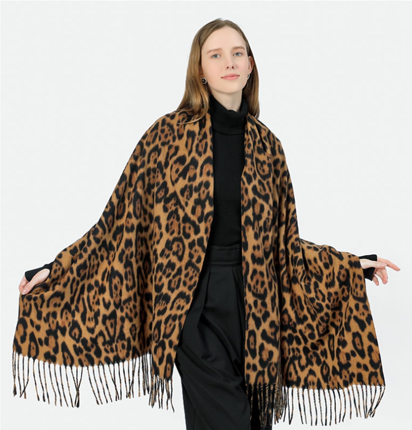 Women Fashion Leopard Winter Scarf Soft Long Double-sided Style Tassels Oversize Warm Shawl Scarves Wraps