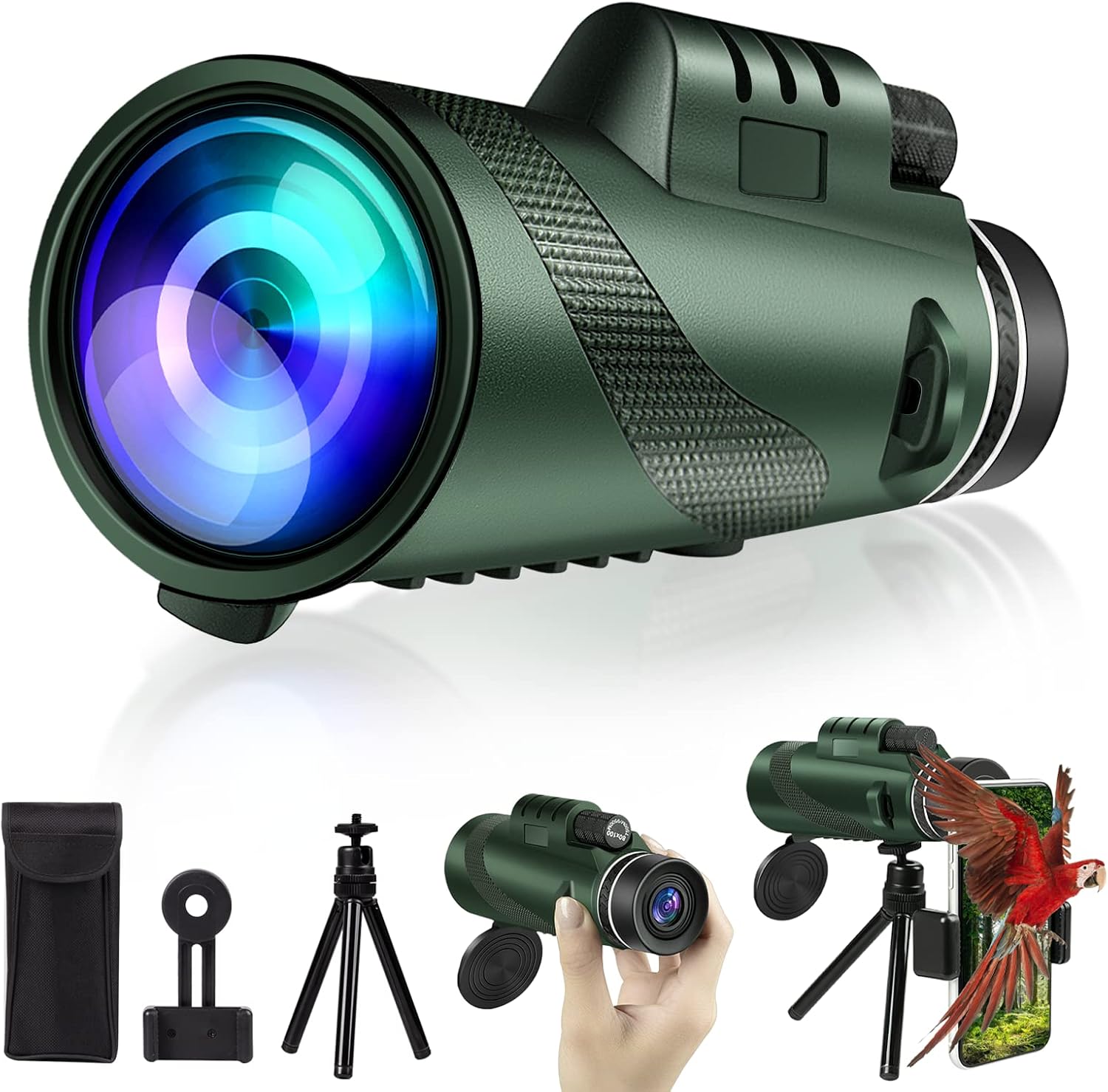80x100 HD Monocular Telescope for Adults with Smartphone Adapter, High Power Monocular with BAK-4 Prism and FMC Lens for Bird Watching, Hunting, Camping, Travel, and Hiking