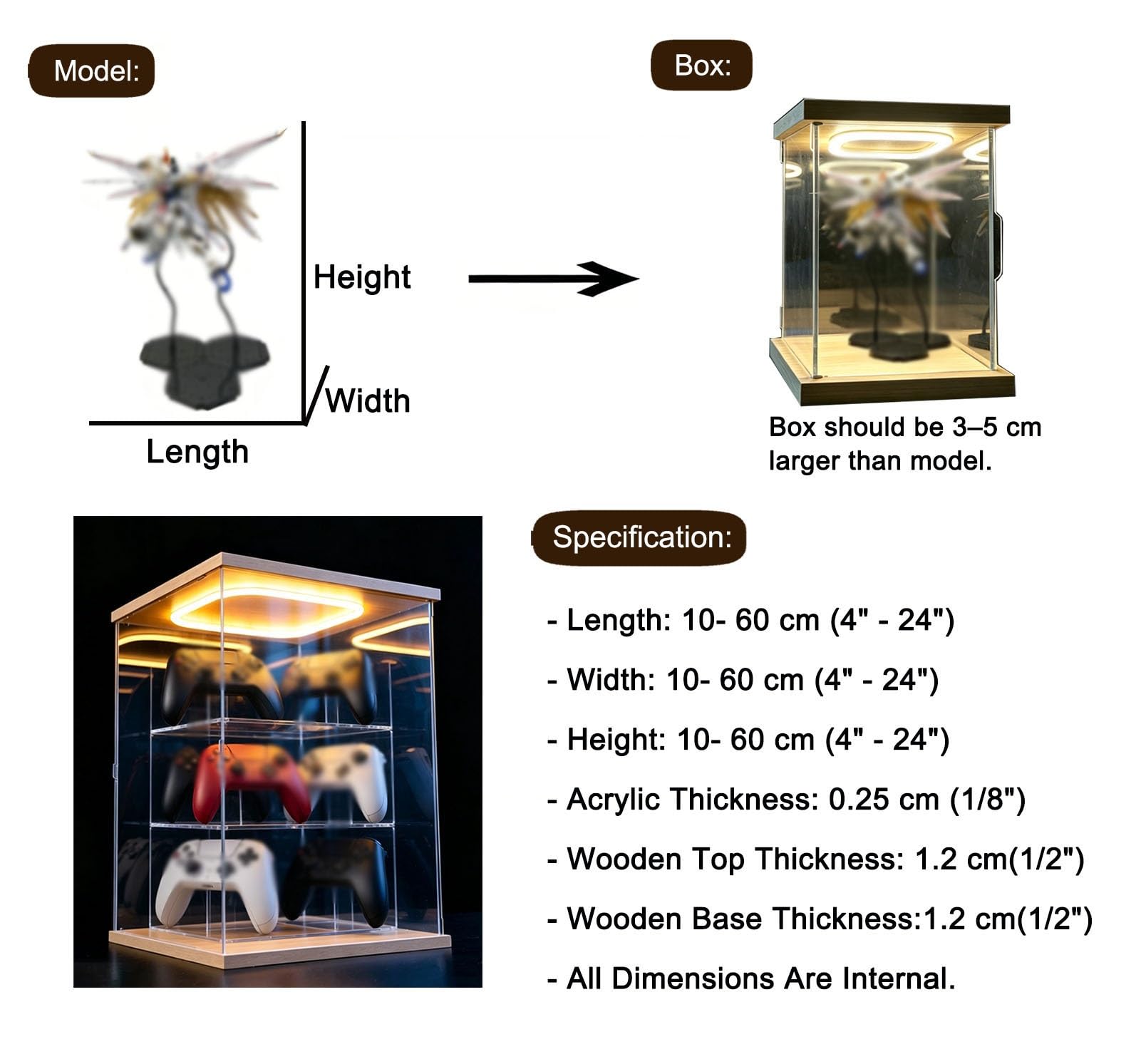 Acryl Vitrine LED-beleuchtete Acrylvitrine mit Fronttür, Stapelbare, Hohe Vitrine Trophäen/Figuren/Modelle, Staubdichte Aufbewahrungsbox, Montage Ohne Klebstoff(30x30xH55cm/12x12x22in)
