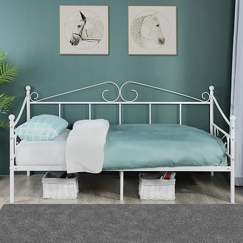 HJhomeheart Metal Twin Daybed Frames with Headboard, Metal Bed Frames for Mattress (Not Include), Stable Steel Sats Support, for Living Room Guest Room, White