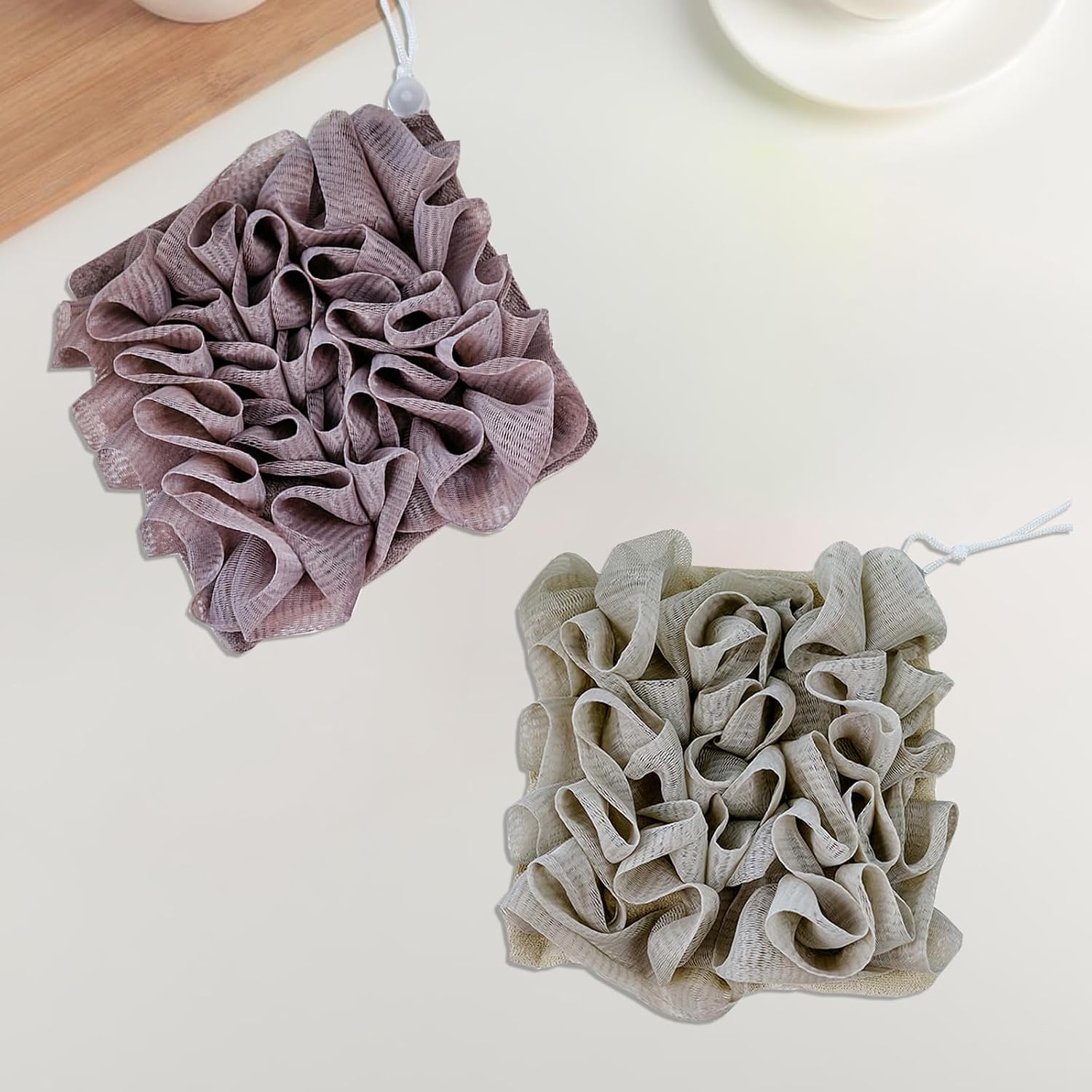 2pcs Loofah Cloth for Bar Soap, Loofah Washcloth Shower Ball 2-in-1 (Gray and Brown)