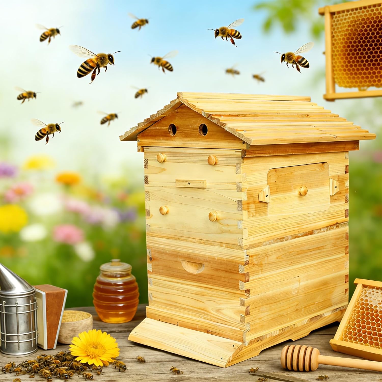 Self-Flowing Beehive Starter Kit, Self-Flowing Honey Beehive with Observation Window and Honey Spout, Complete Bee Keeping Starter Kit for Beginners, Hobbyists, Backyard Beekeeping