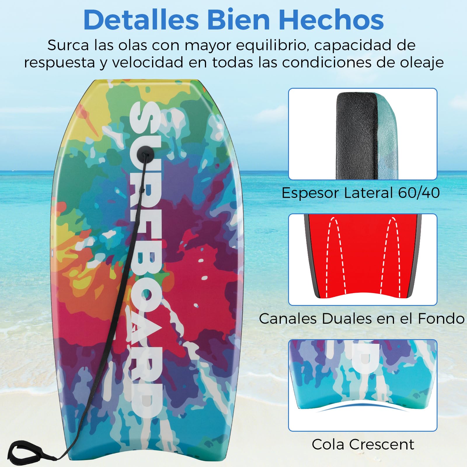 COSTWAY Tabla de Surf de 33 Pulgadas, Tabla Bodyboard Unisex con Núcleo EPS, Fondo HDPE, Cola Crescent, Doble Canal y Correa de Muñeca