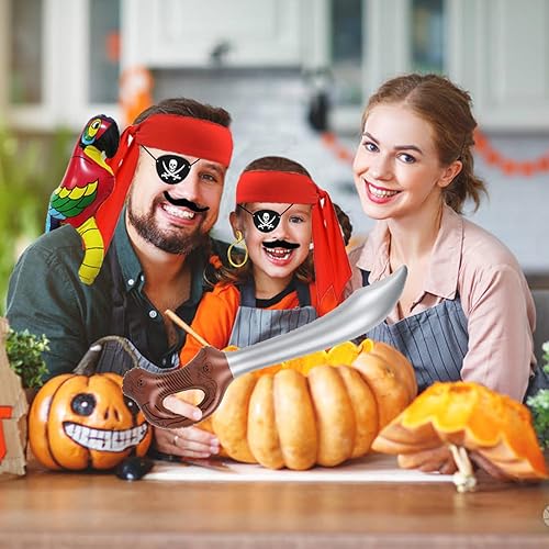 Miniatura 5 de FUEAWIM 6 accesorios piratas incluyen loro pirata hombro, parche de ojo de pirata, bandana, aretes de espada y bigotes falsos, disfraz de pirata de