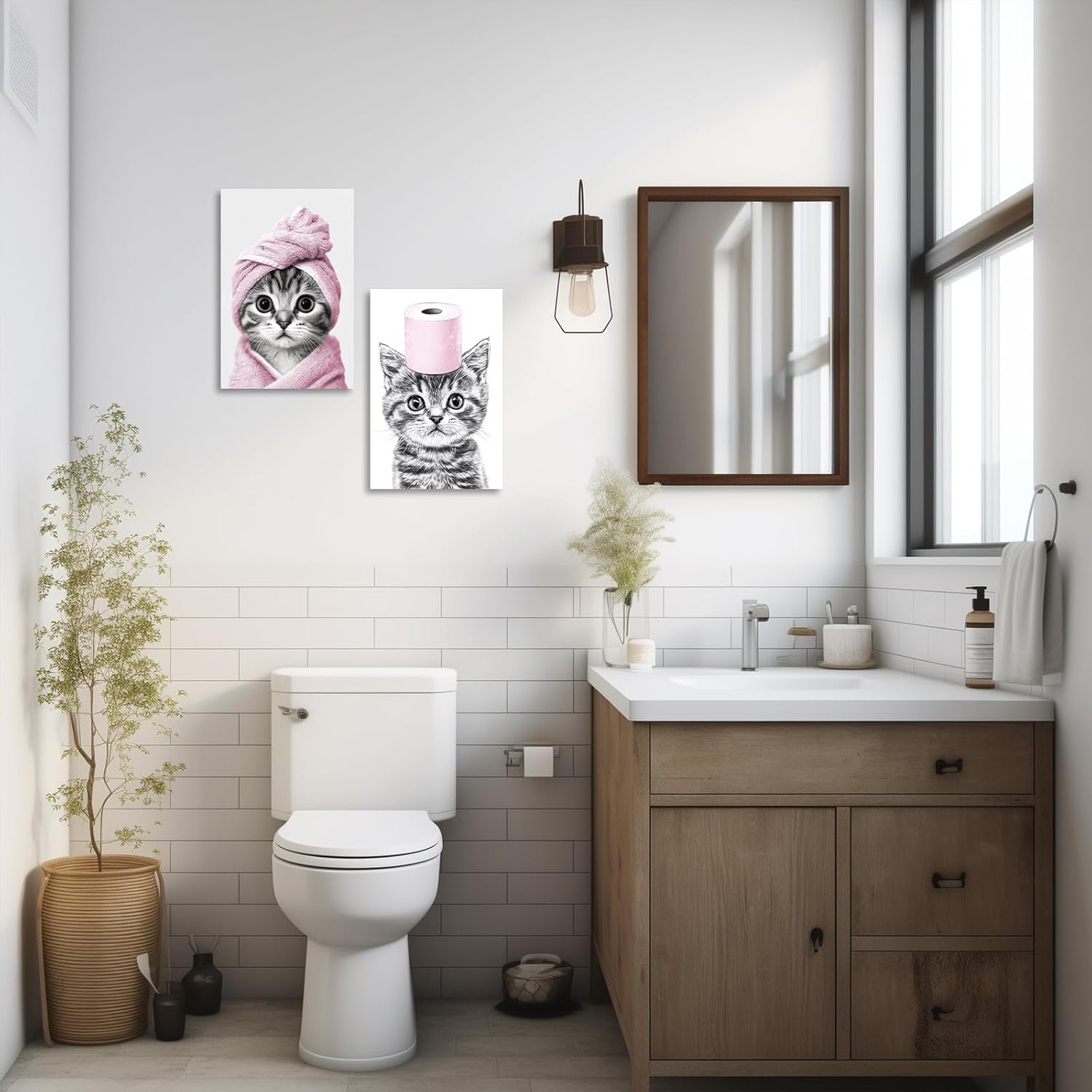 XLMDYYSW Funny Cat Bathroom Wall Art 2pc Black and White Picture Animal Toilet Paper Canvas Prints Cute Cat with Bathrobe Paintings for Restroom Decor Framed (Pink, 12.00" x 16.00" x 2PCS)