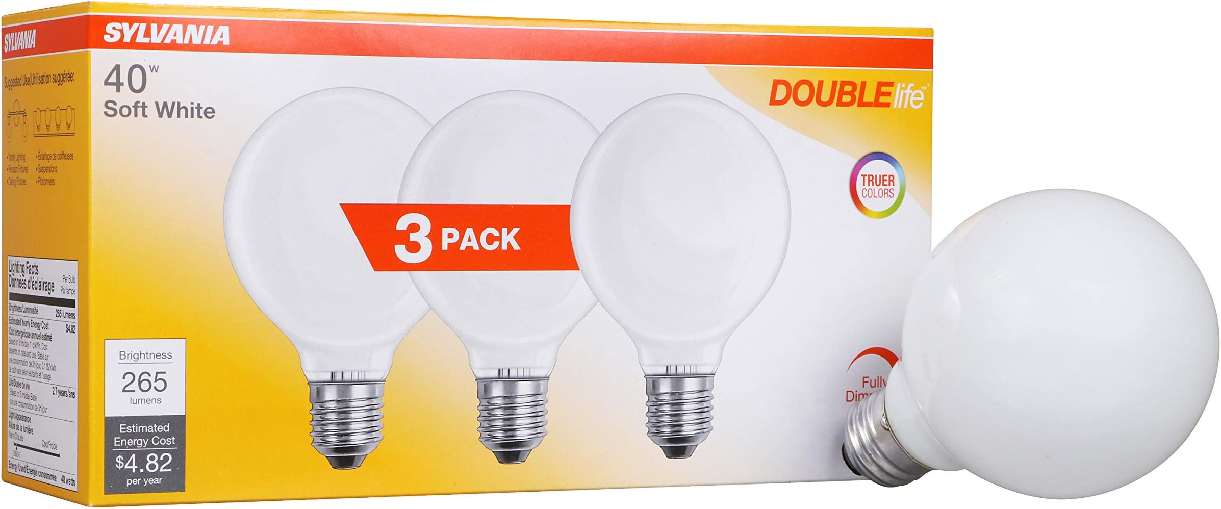 Sylvania Incandescent Double Life Décor Globe Light Bulb, 40W, G25, Medium Base, 265 Lumens, Frosted, 2850K, Soft White - 3 Pack (15345)