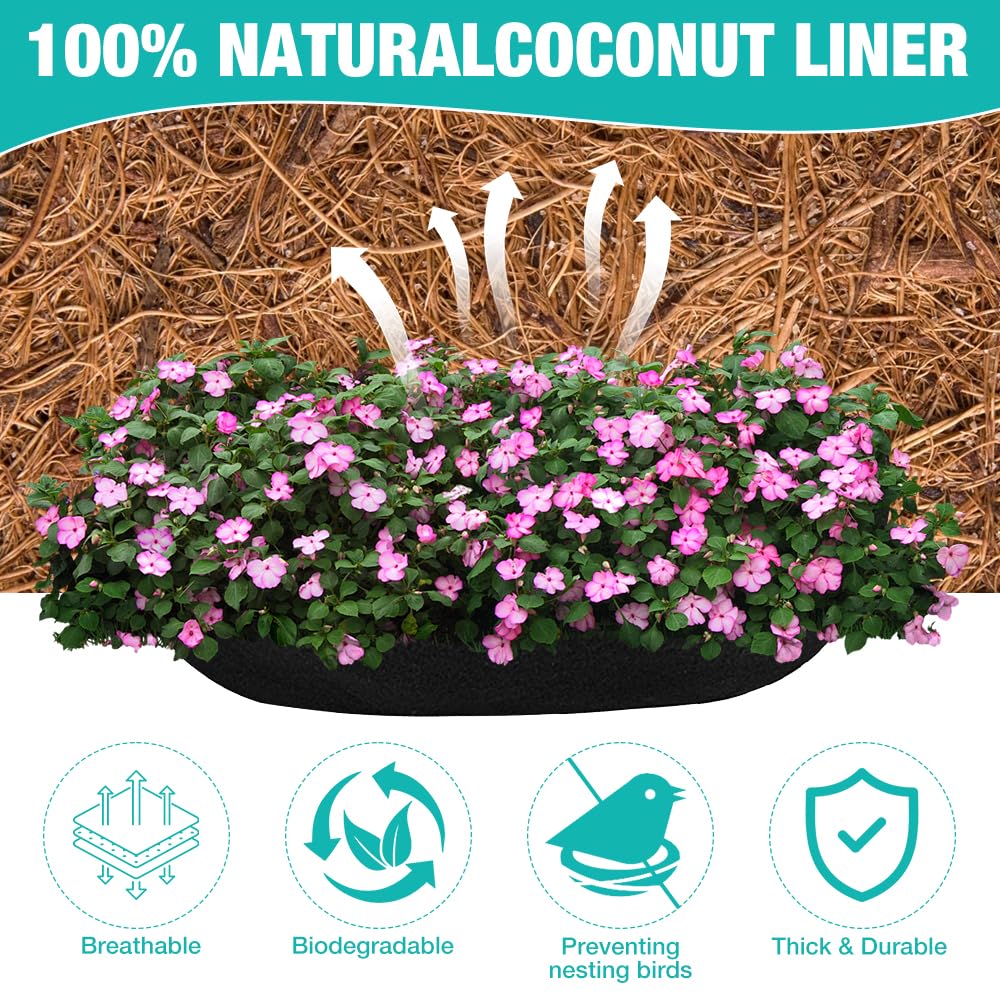 Foreverup 3Pcs Natural Coco Fiber Liners for Oval Trough Hanging Baskets, 24 Inch Hanging Basket Liner, Wall-mounted Coco Basket Liners for Wall Planters, Window Hanging Planters Indoor Outdoor,Black - Image 3
