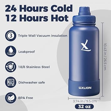 Lexlion Tea Infuser Water Bottle 32 Oz Triple Wall Insulated Stainless Steel, Loose Leaf & Fruit Strainer, 3 Leakproof Lids, BPA-Free Silicone Sleeve, Reusable Thermal Mug