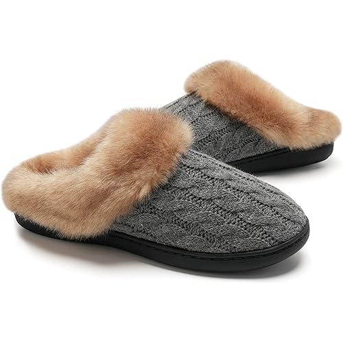 WateLves Women's Memory Foam Slippers Knitted Fur Collar House Shoes Anti-Skid Sole for Indoor & Outdoor