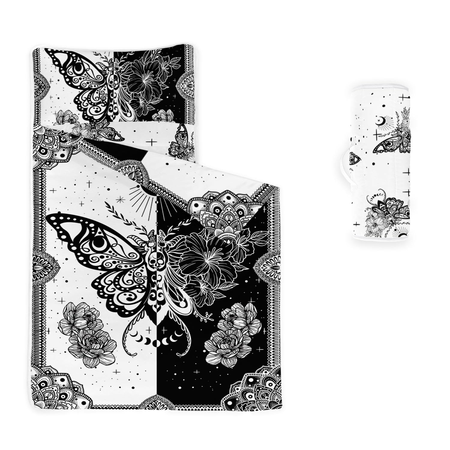 HOSIMA Nap Mat -Black White Butterfly Sleeping Bag with Removable Pillow - Daycare and Sleepovers Preschool Kindergarten Bedding Set for Kids Toddler Boys Girls(White Butterfly Large) โ image 1