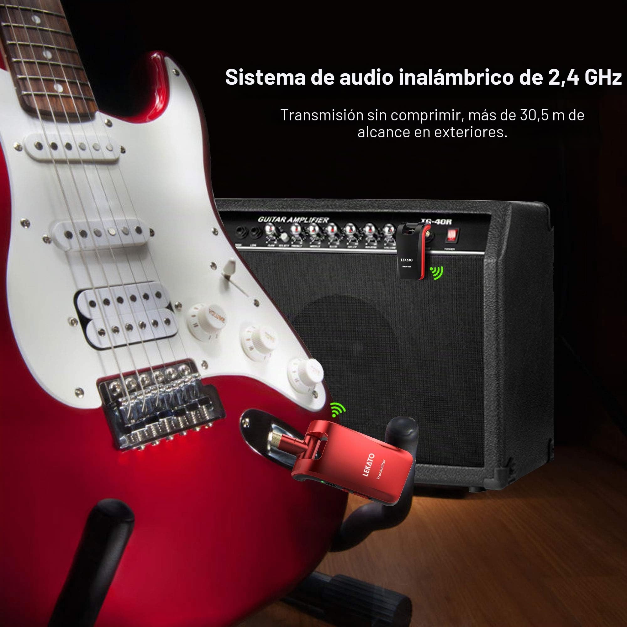 LEKATO Stereo 2.4Ghz Sistema de guitarra inalámbrico digital para instrumentos musicales de sonido mono/estéreo, Transmitter Receiver recargable con enchufes de 1/4 "y 1/8"