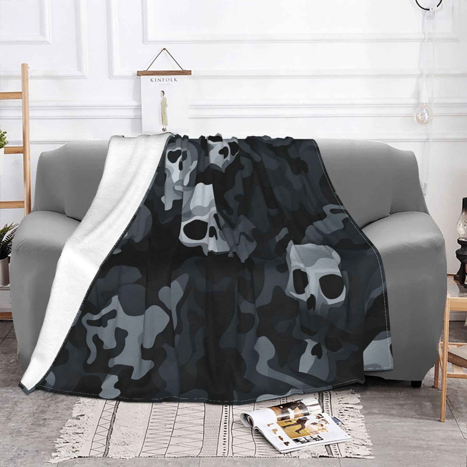 Couverture polaire camouflage gris et noir 152x203 cm pour lit et canapé