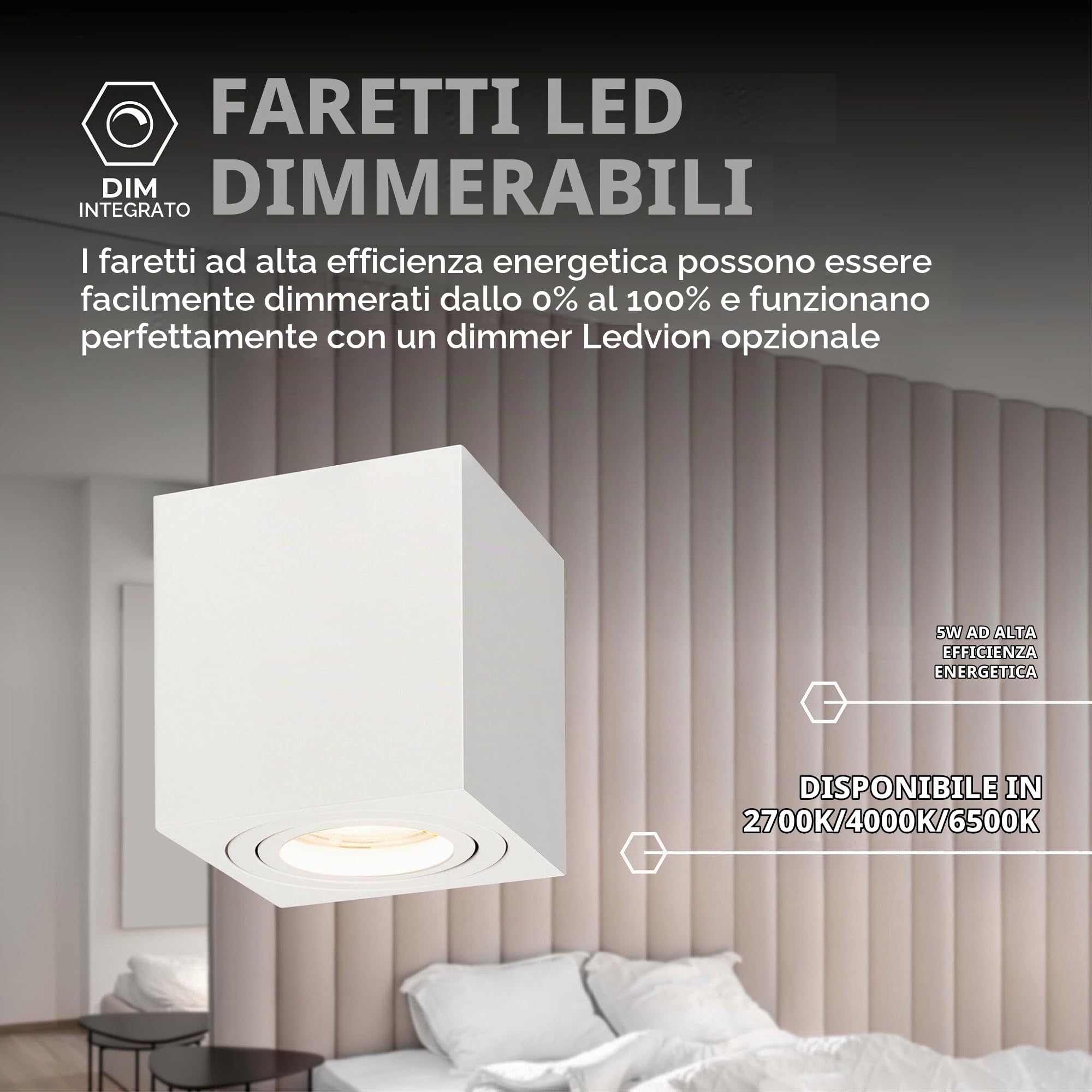 Ledvion 4 pezzi faretto LED da superficie bianco quadrato 3W bianco caldo