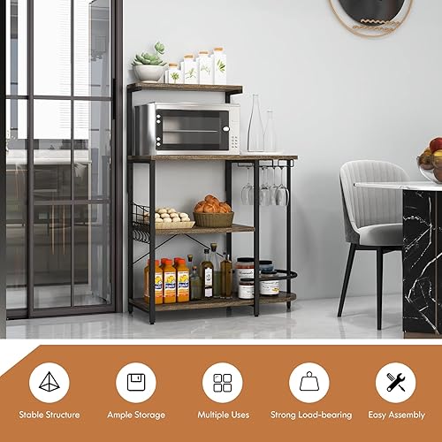 Miniatura 3 de GOFLAME Estante de cocina de 4 niveles, soporte industrial para horno microondas con estante superior desmontable, 6 ganchos extraíbles, soportes de