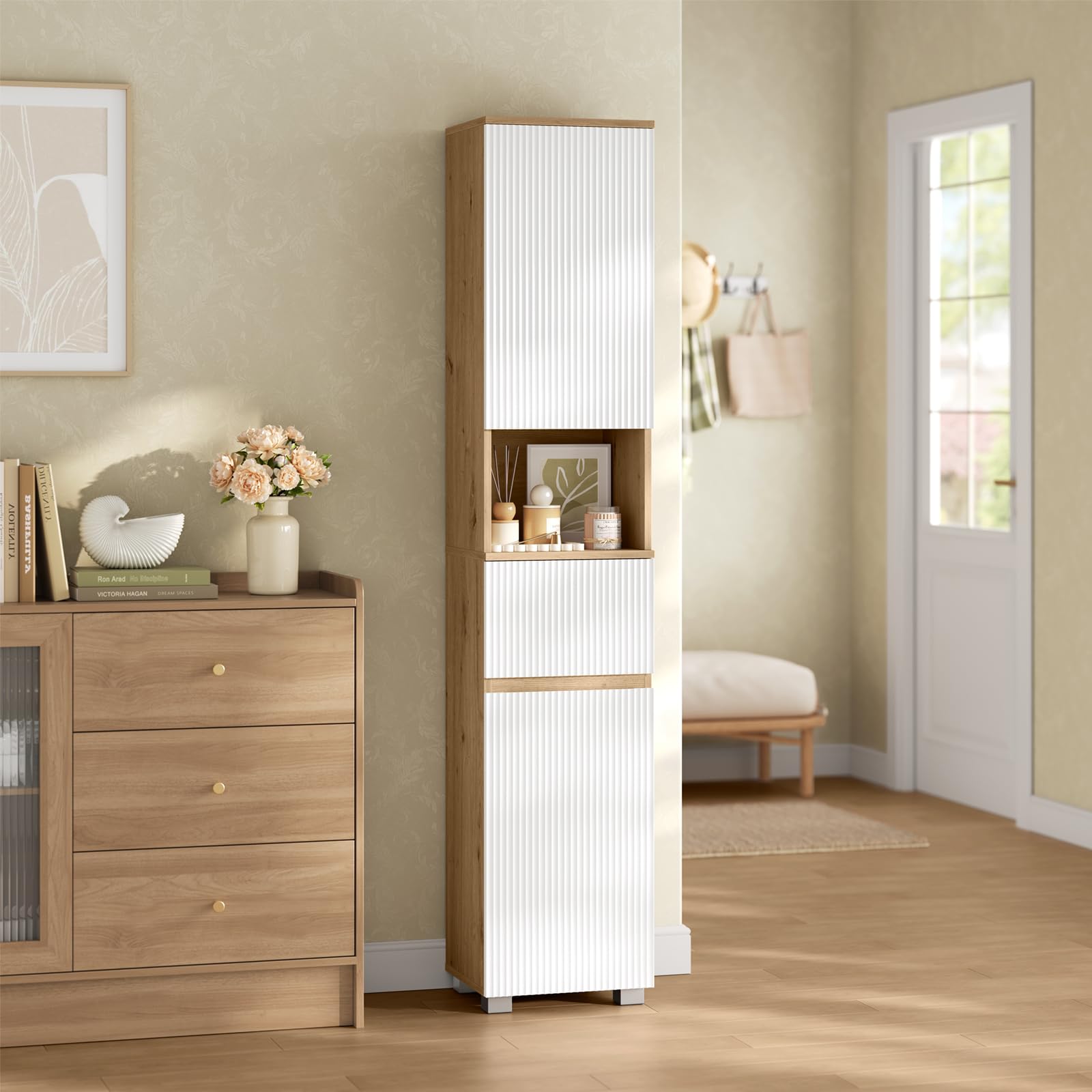 EUGAD Mueble de Baño, Armario de Baño Alto con 2 Compartimentos con Puerta, 1 Abierto, 1 Cajón y Estantes Ajustables, 35 x 30 x 176,5 cm, Madera de Ingeniería, para Espacios Reducidos, Blanco + Roble