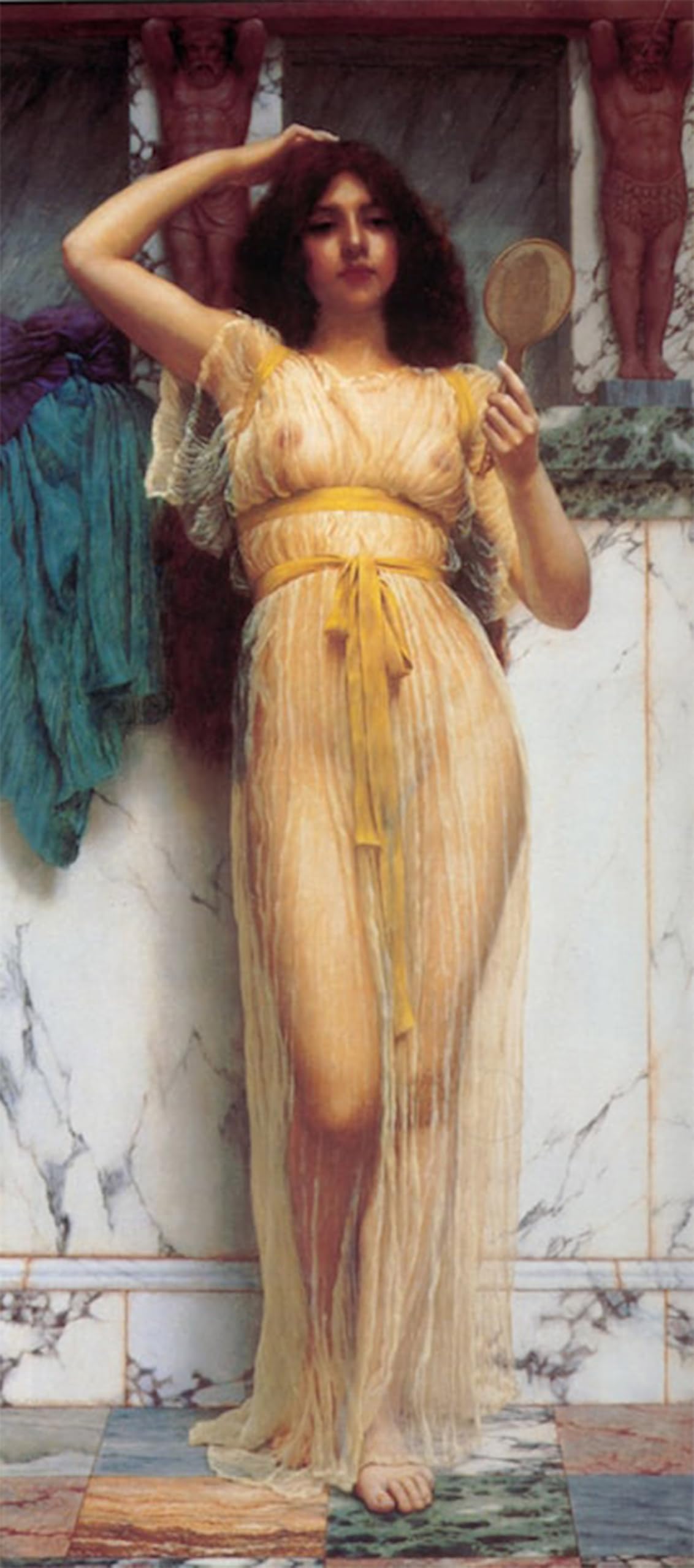 Artxlxxbn No Frame Famous Painting Canvas Artwork Graffiti Print The Mirror By John William Godward Portrait Canvas Image For Home Decor 60X90cm