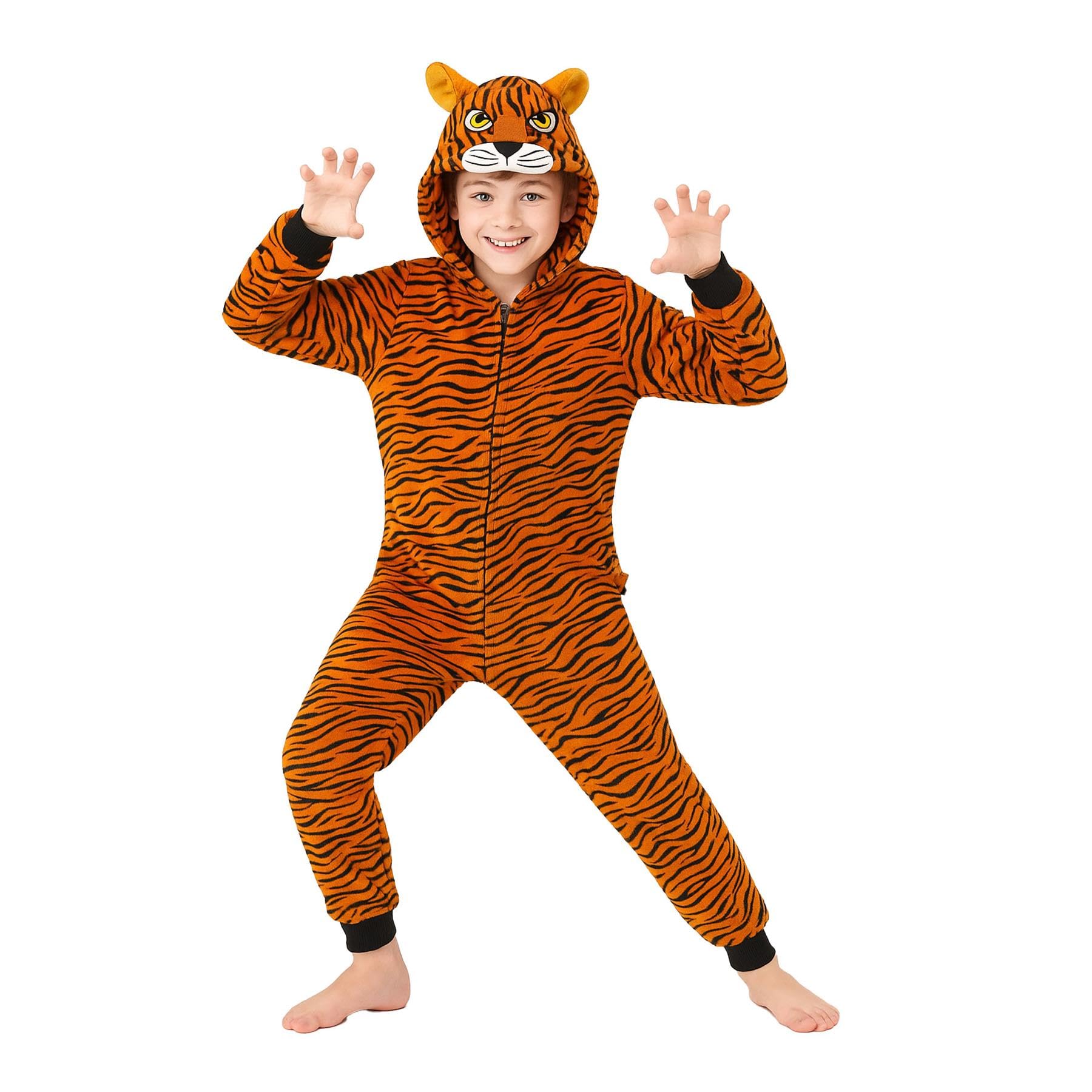 Girls Boys Tiger Costume Soft Plush Fleece Playsuit Children One Piece Cosplay Suit Kids Animal Hooded Jumpsuit All in One Tiger Xmas Pyjamas Age 2-14 Years
