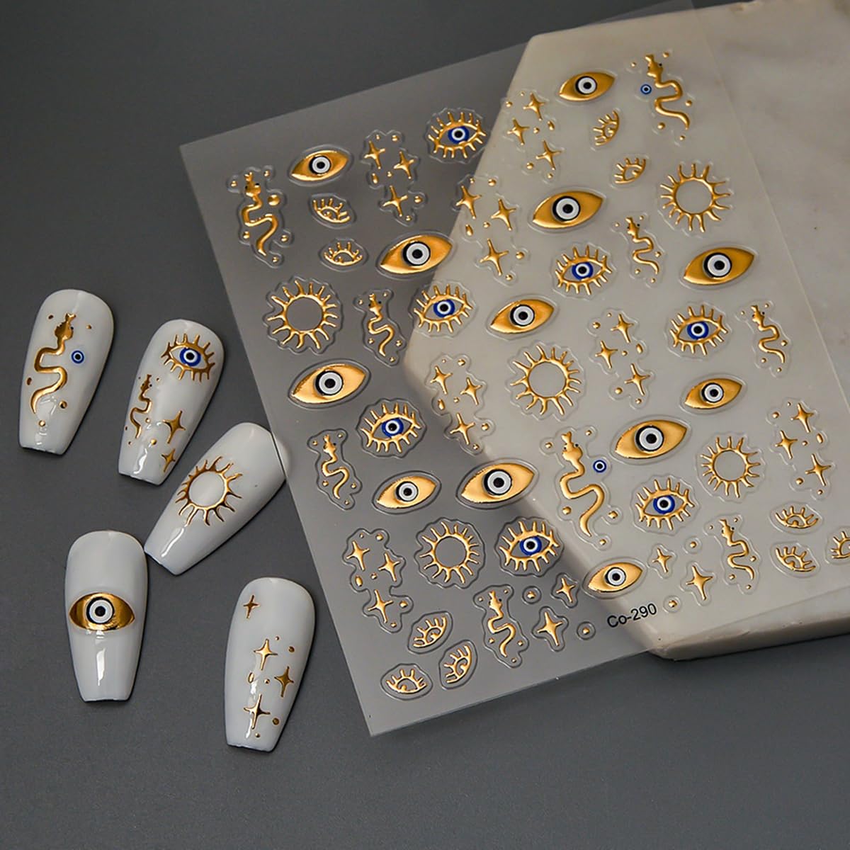 Adesivi per unghie dorati 3D con motivo malocchio dorato, decalcomanie dorate con stella di serpente, decalcomanie dorate per unghie, disegni autoadesivi, forniture per nail art
